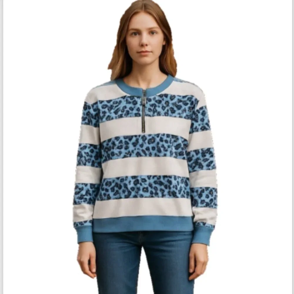 Long Sleeve T-shirt  Sz L  NEW Crew Neck Casual Blouse 1/4 zip blue/white Women - Picture 12 of 13